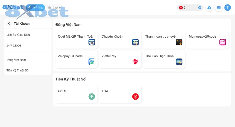 Một số hình thức nạp tiền 8XBet thịnh hành nhất